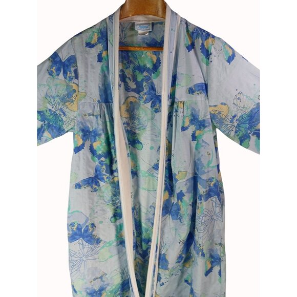 National Womens Zip Front Housecoat Robe 1X Blue Floral Butterfly Cozy Lounge - Picture 8 of 11